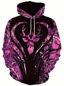 Plus Size Men's 3D Printed Camo Hoodie With Deer Skull & Antlers Design - Breathable Black/Pink Camouflage Sweatshirt, Adjustable Drawstring Hood, Long Sleeve Casual Outdoor Wear For Spring & Autumn (Machine Washable), Streetwear Fashion, Hooded Sweatshirt, Durable Material, Comfortable Fit, Big And Tall Men, Style Lovers, PLUS SIZE - Nhiều màu - Xem 1
