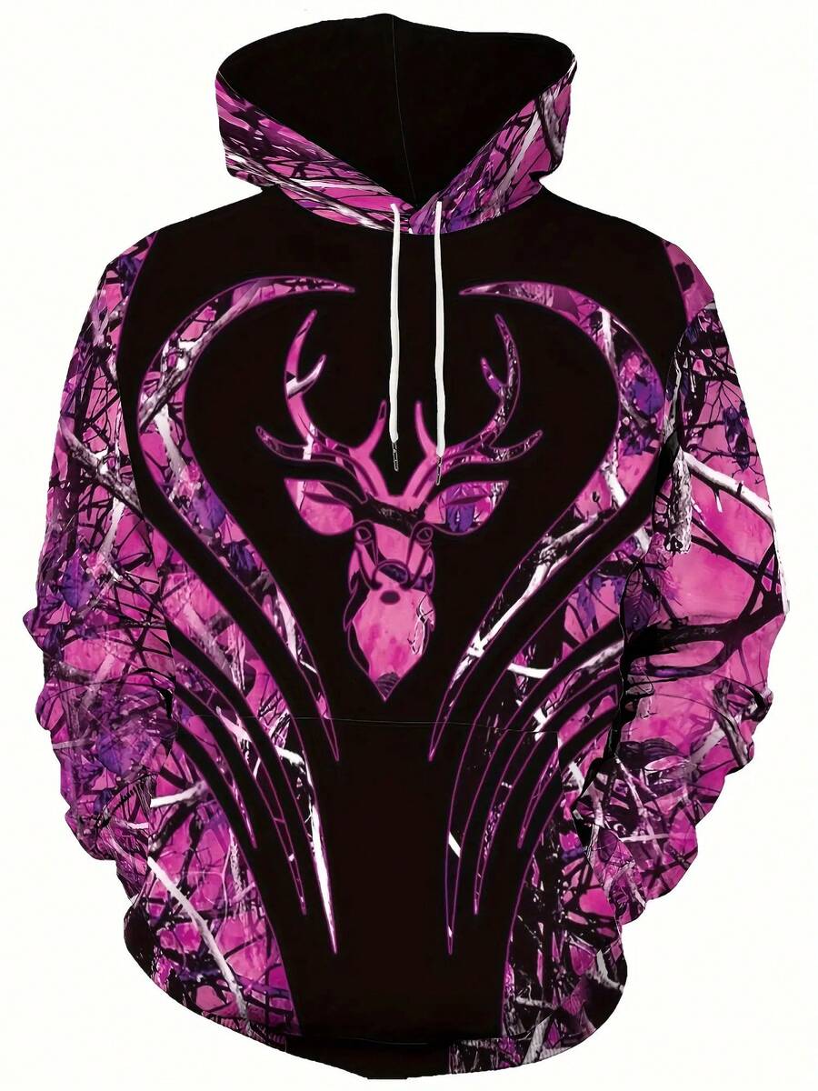 Plus Size Men's 3D Printed Camo Hoodie With Deer Skull & Antlers Design - Breathable Black/Pink Camouflage Sweatshirt, Adjustable Drawstring Hood, Long Sleeve Casual Outdoor Wear For Spring & Autumn (Machine Washable), Streetwear Fashion, Hooded Sweatshirt, Durable Material, Comfortable Fit, Big And Tall Men, Style Lovers, PLUS SIZE - Nhiều màu - Xem 1