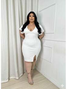 Plus Size Party Dress For Bridesmaid, Wedding, 15th Birthday, Midi, Graduation, Sexy - 白色 - 查看 3
