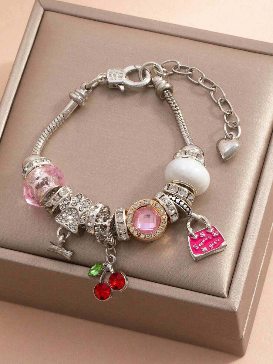 1pc Fashion Crystal Beaded Pendant Bracelet, Bow, Star, Cherry Pendant Bracelet For Girls - Multicolor - View 1