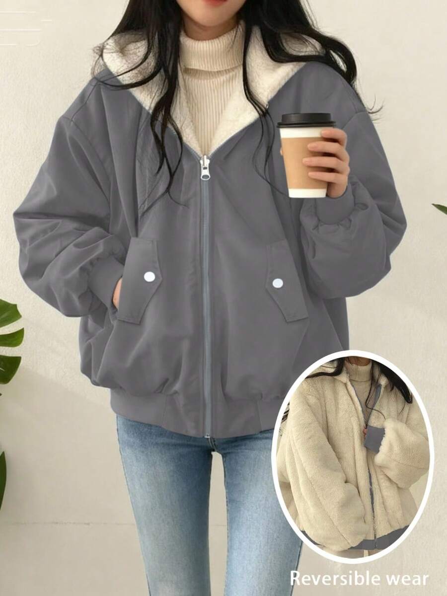 Women's Oversized Hooded Coat With Faux Fur Collar, Slimming Silhouette, Dual-Sided Pockets, Reversible, Casual Street Style, Short Jacket For Autumn/Winter - Dark Gray - View 1