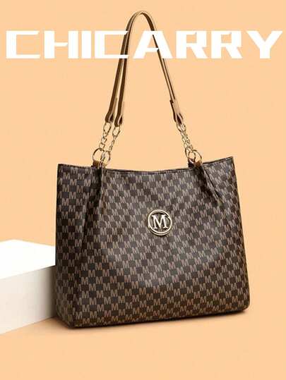 1 件女士大容量字母印花手提包，拉链开合，柔软 PU 皮革金属链条手柄手提包带 M 装饰，优雅复古风格单肩包，适合书籍、衣服、水瓶、雨伞，适合妈妈、购物、度假、旅行，棕色、白色、黑色可选