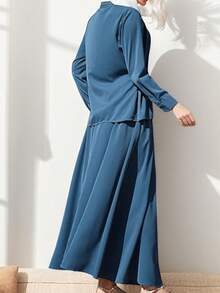 2pcs/Set Women Casual Solid Color Arabic Style Top And Mini Skirt, Spring Autumn - Blue - View 2