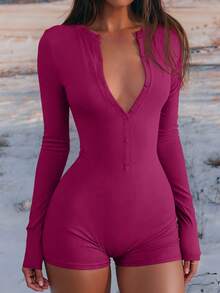 Mystra Casual Button Decor Fitted Jumpsuit, Spring/Autumn - Hot Pink - View 4