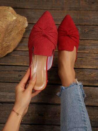 Red Flat Mule Shoes, Pointed Toe Slip-On Backless Flats With Bow Decor, Women's Spring/Autumn New Casual Loafers, Elegant Slip-On Shoes For Office/Commute