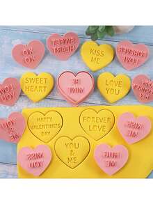 10 pièces Ensemble de découpoirs à biscuits en forme de cœur - Moules à biscuits 3D gaufrés pour la fête des mères, la fête des pères, la Saint-Valentin, Noël, Halloween, Thanksgiving - Outils de cuisson en polypropylène pour gâteaux, fondants - Cadeau de mariage idéal, kit de confection de biscuits de fête | Ensemble de découpoirs à biscuits décoratifs | Designs de découpoirs à biscuits détaillés, fête de la Saint-Valentin, décoration de la maison, cadeaux de la maison - Rose bonbon - Voir 3