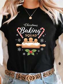 Camiseta casual de mujer con estampado navideño, cómoda camiseta de cuello redondo de manga corta, adecuada para usar en primavera y verano, fiestas navideñas y atuendos de invierno, adecuada para cualquier ocasión, color sólido, estilo casual, fiesta de Navidad, reunión familiar, uso diario. - Negro - Ver 1