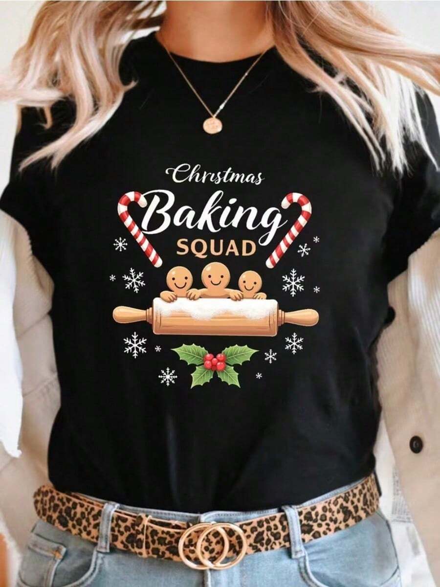 Camiseta casual de mujer con estampado navideño, cómoda camiseta de cuello redondo de manga corta, adecuada para usar en primavera y verano, fiestas navideñas y atuendos de invierno, adecuada para cualquier ocasión, color sólido, estilo casual, fiesta de Navidad, reunión familiar, uso diario. - Negro - Ver 1