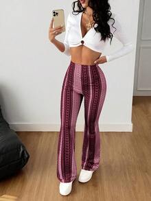Pantalones acampanados con estampado floral para mujer de AITYI Studio, ajuste ceñido, cómodos, casuales, para exteriores, ligeros, transpirables, estilizadores, con estilo bohemio, ropa de playa sexy Y2K, adecuados para primavera/verano, Día de la Independencia, graduación, San Valentín, Mes del Orgullo, festivales de música - Rojo - Ver 7