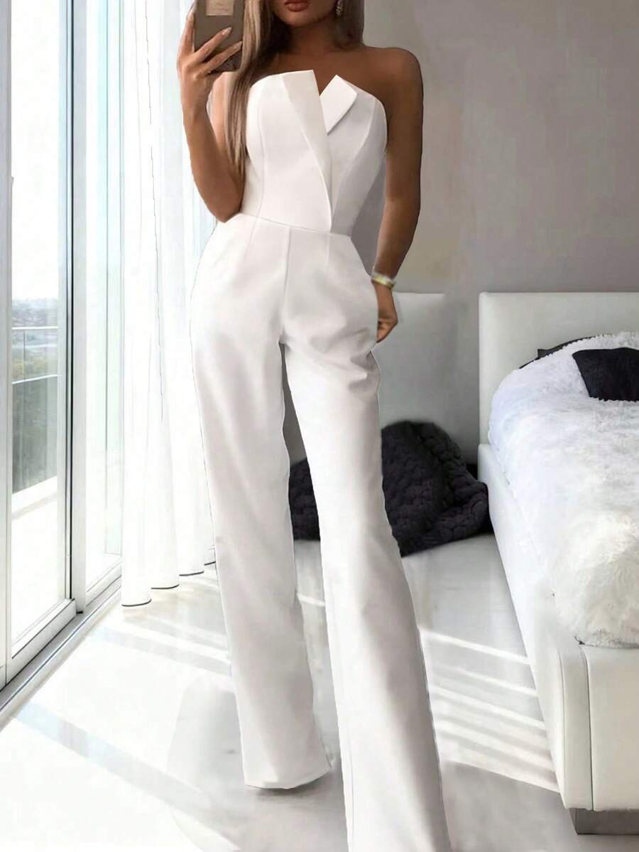 Bộ jumpsuit ống đứng dáng suông tối giản màu trơn thanh lịch dành cho nữ, sang trọng và gợi cảm cho mùa xuân hè, cạp cao ôm sát, thích hợp cho công sở và hẹn hò. - trắng - Xem 1