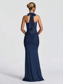 Sexy Spaghetti Strap Backless Waist Cinched High Slit Dress, Mesh Patchwork Vacation Party Dress Wedding Spring - Navy Blue - View 3