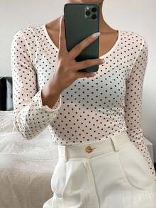 Livesso 女士波点半透明长袖圆领打底衫，春夏款 - 杏色 - 查看 1