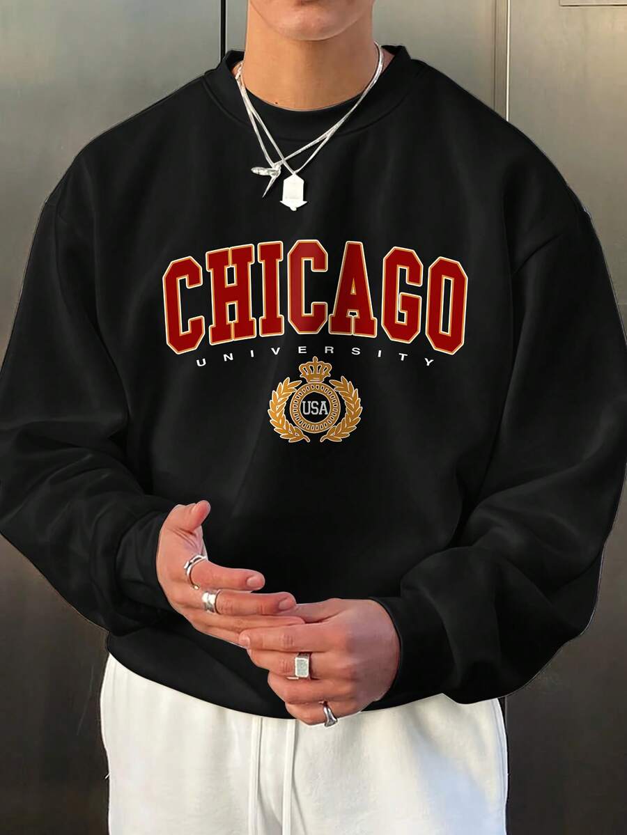 Sudadera de Cuello Redondo Forrada para Hombre - Negra Estampada Emblema de la Universidad de Chicago, EE. UU. Cómoda y Abrigada, Fácil de Lavar, Estilosa y Versátil - Negro - Ver 1
