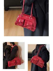 1个女士春夏时尚手提包，多功能大容量多口袋通勤包，适合音乐节、派对、送礼（附赠吊坠） - 酒紅色 - 查看 3