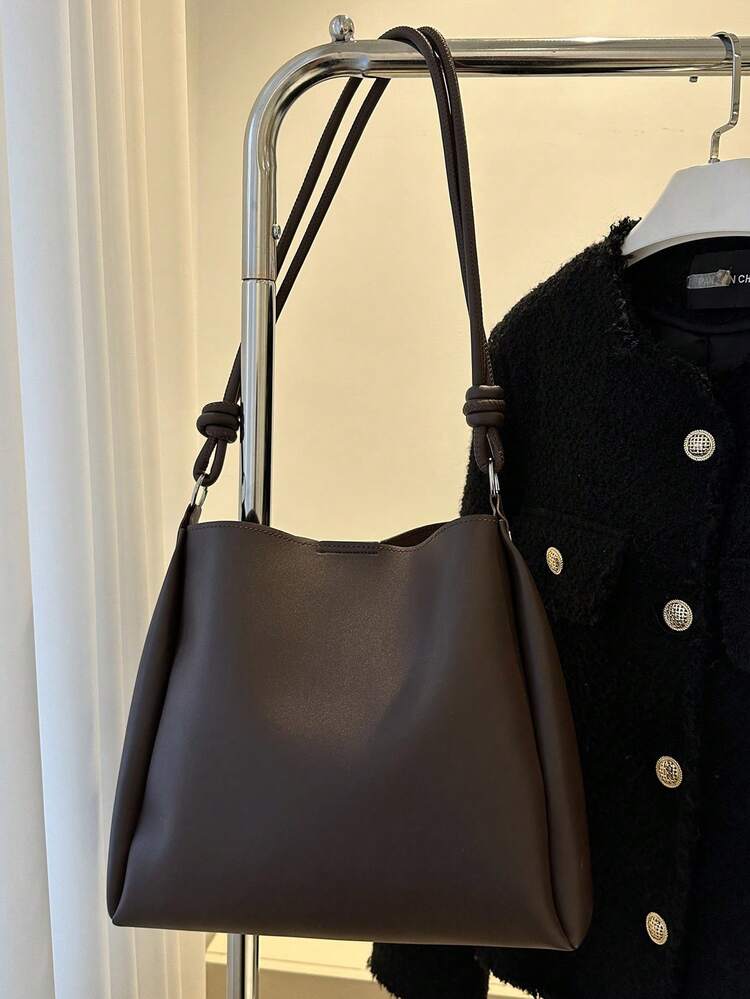 1pc Women's Fashion Casual Commuter Solid Color Shoulder Bag, Large Capacity Vintage Tote Bag Suitable For Dating, Outing, Travel - Coffee Brown - View 8