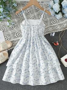 女童休闲蝴蝶印花吊带度假连衣裙 - 白色 - 查看 3