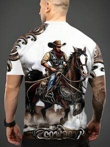 Men'S Summer Digital Print T-Shirt With Cowboy On Horse Design, Casual Comfortable Short Sleeve Crew Neck Tee, Versatile Fashion Top For Casual Attire - 彩色 - 查看 4