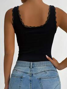 1pc Niche Bow Lace Patchwork Sleeveless Camisole Tank Top For Women, Fitted & Slimming, With Chest Pads & Backless Design - Black - View 3