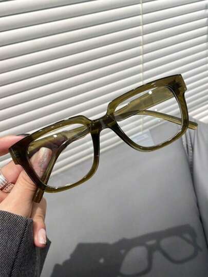 1pc Unisex Fashionable Olive Green Square Frame Decorative Glasses, Suitable For Daily Wear, Work, School, And Commuting