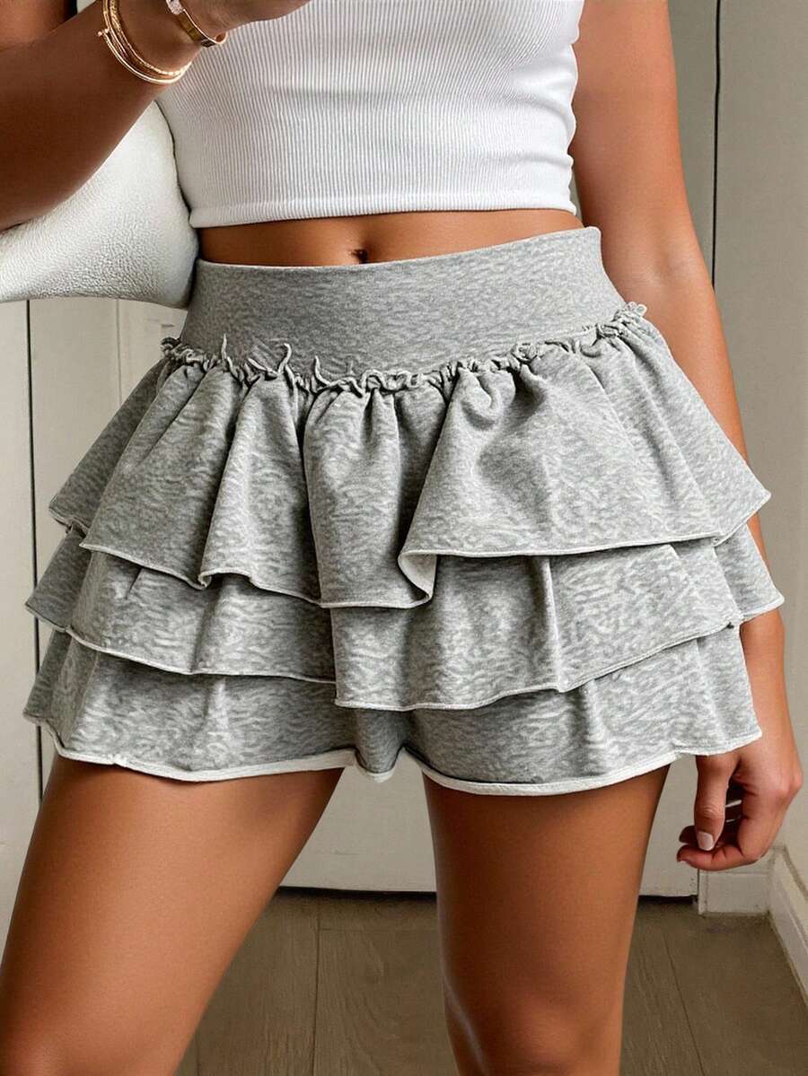 Livesso Women's Solid Color Cake Skirt With Safety Shorts, Short Length Summer,Ruffle - Grey - View 1