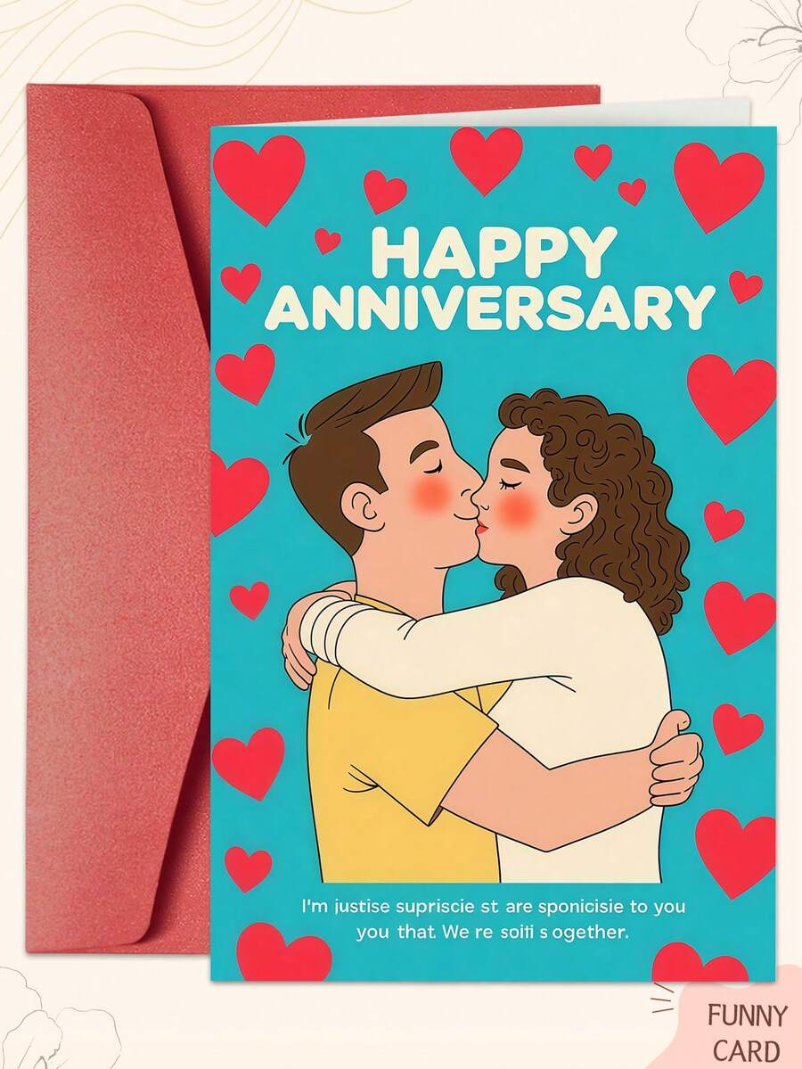1PC Anniversary Card With Hearts (With Envelope) - Blue Background & Red Hearts, "Happy Anniversary" Message, Elegant Romantic Design, Ideal For Couples, Valentine's Day/New Year/Wedding Anniversary Gift - Multicolor - View 1