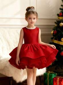 Girls' Elegant Cute Pearl Bow Backless Sleeveless Party Dress, Princess Dress For Birthday Party, Gathering, Prom, Wedding, Flower Girl