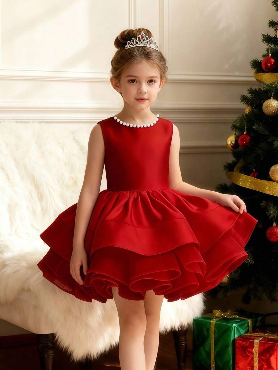 Girls' Elegant Cute Pearl Bow Backless Sleeveless Party Dress, Princess Dress For Birthday Party, Gathering, Prom, Wedding, Flower Girl