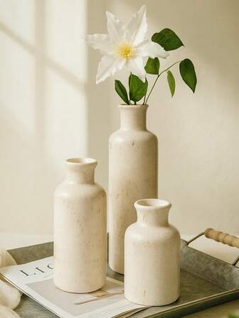 3件套白色陶瓷花瓶，乡村波西米亚风家居装饰花瓶，适用于厨房、卧室、办公室、客厅、浴室、置物架、餐桌等场所的装饰摆件。