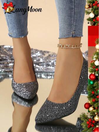 2025 秋冬新品高端黑色闪亮亮片粗跟高跟鞋 - 舒适百搭性感设计，闪亮亮片时尚迷人外观，适合派对、聚会、夜间外出和休闲时尚装扮，优质柔软鞋垫不紧绷，女士高跟鞋适合婚礼、万圣节、圣诞节，