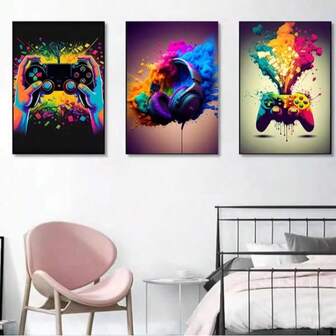 Set de 3 carteles impresos en lienzo, mando de videojuego colorido, auriculares, estilo moderno de esports, adecuado para estudio, dormitorio, sala de estar, decoración de pared del dormitorio, regalo perfecto para niños y hombres, impresiones de arte reemplazables, decoración del hogar