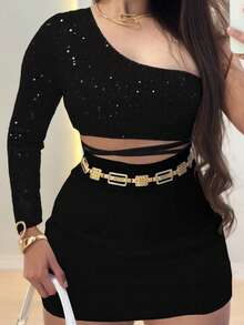 Elegant Women's Two-Piece Set Consisting Of A One-Shoulder Sequined Cropped Top And Fitted Long-Sleeved Skirt, Ideal For Parties. Made From Medium-Stretch Fabric. - 黑色 - 查看 2