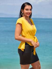 Blusa Amarilla Sin Mangas Escote V Detalle Listón Costado Mujer TE AMOMO - Amarillo - Ver 5