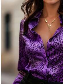 Classic Snake Skin Print Satin Sexy Alluring Shirt, Niche Design Versatile Slim Fit - Violet Purple - View 5