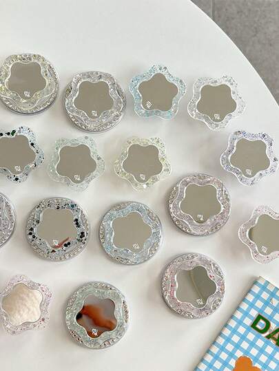 1个亮片花朵镜面手机支架，粘性闪光花朵镜面可伸缩指环支架，兼容、安卓手机，生日礼物，送给家人、朋友的礼物，生日推拉式手机支架，手机配件