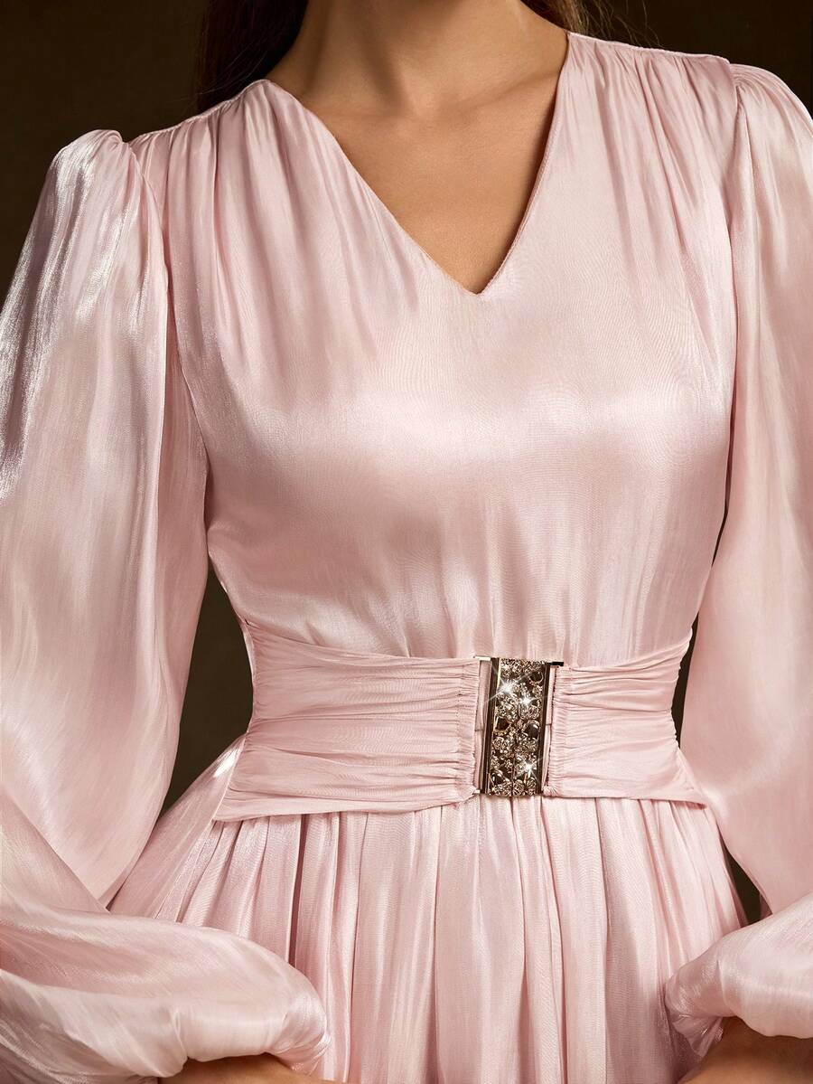 女士优雅百搭闪光长袖超长连衣裙 - 闪亮薄纱面料，A 字廓形，金属纽扣和水晶腰部褶饰，适合情人节、圣诞节、派对和婚礼季节