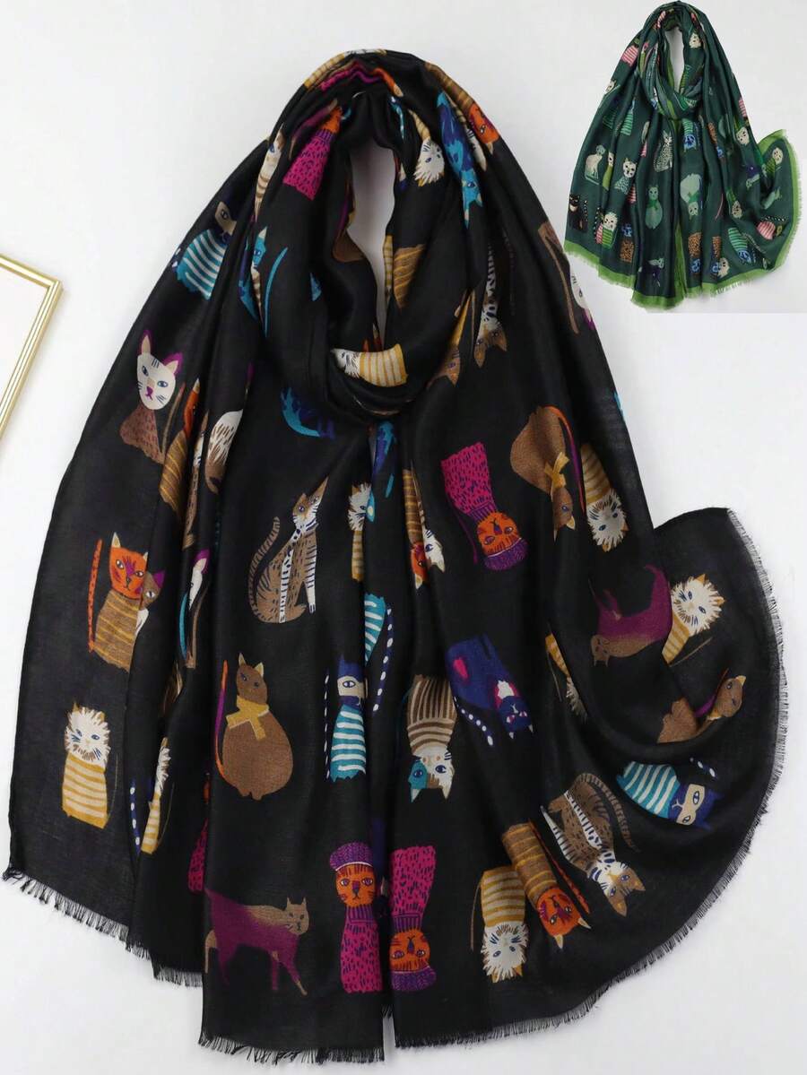 2件装女士波西米亚风流苏动物猫印花围巾披肩 - 兩件套 - 查看 1