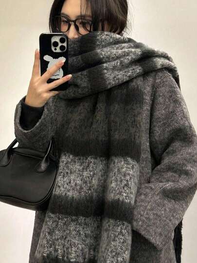 1pc Women's Thick Plaid Scarf, Large Size Fluffy Tassel Shawl, Suitable For Students, Home Decor, Or Outdoor Warmth In Autumn/Winter