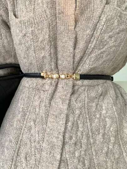 1件装女士时尚多功能珍珠扣可调节腰带，适合日常佩戴