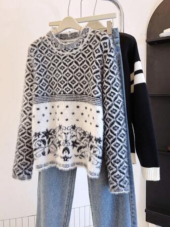 Damstickad tröja i konstminkpäls med rombmönster och jacquardmönster, modern och varm tröja för vardagsbruk, mångsidig för höst/vinter