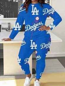 Dodgers LA Plus-Size Women's Long-Sleeved Leggings Set For Rugby League, Plus-Size Women's T-Shirts And Leggings Sportswear, Christmas, Halloween, And Birthday/Valentine's Day Gifts. - 風格 - 查看 2