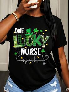 Women's  Short Sleeve T-Shirt One Lucky Nurse St Patrick's Day Shamrock And Heartbeat Design For St Patrick's Day Celebration - 黑色 - 查看 1