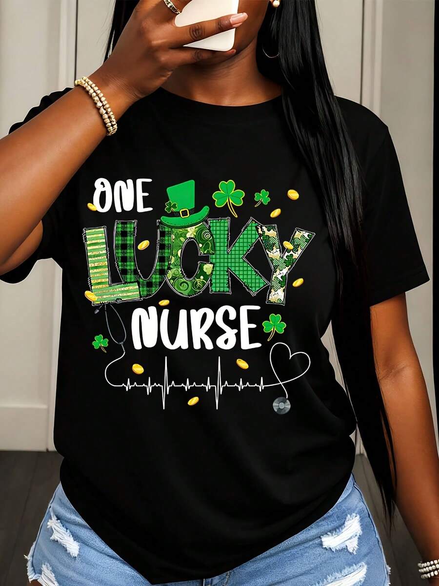 Women's  Short Sleeve T-Shirt One Lucky Nurse St Patrick's Day Shamrock And Heartbeat Design For St Patrick's Day Celebration - 黑色 - 查看 1