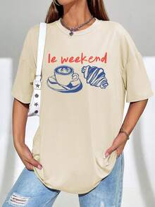 女装夏季周末图案印花圆领短袖简约休闲日常T恤上衣、咖啡色女装上衣、羊角面包色女装夏装、复古唯美夏季上衣