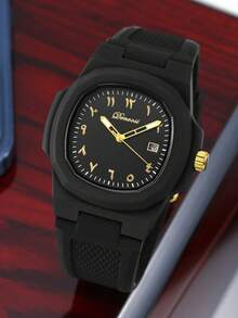 1件装男士黑色时尚休闲百搭硅胶表带防水日期显示手表，适合日常佩戴和聚会场合 - 黑色 - 查看 1