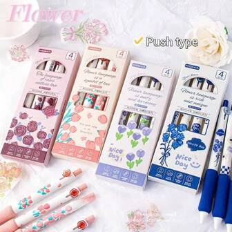 4pcs Floral Push-Button Ballpoint Pens, High-Quality Quick-Drying Leak-Proof Pens For Office, Study, And Writing