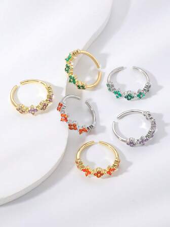 1pc Fashionable Asymmetrical Multicolor Floral Copper Zirconia Open Ring, Sweet & Unique For Casual Daily Wear