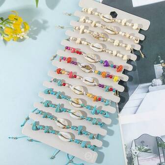 12pcs Fashionable Boho Style Ocean Blue Beaded Bracelet Set With Seashell, Starfish, Light Blue Natural Stone, Adjustable Size, Stylish Bracelets For Women, Suitable For Holiday, Party, Gift For Friends
