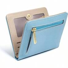 Small Wallet Women RFID Blocking Bifold Leather Wallets Women Credit Card Holder With ID Window Zipper Coin Pocket Pink - Blue - View 9