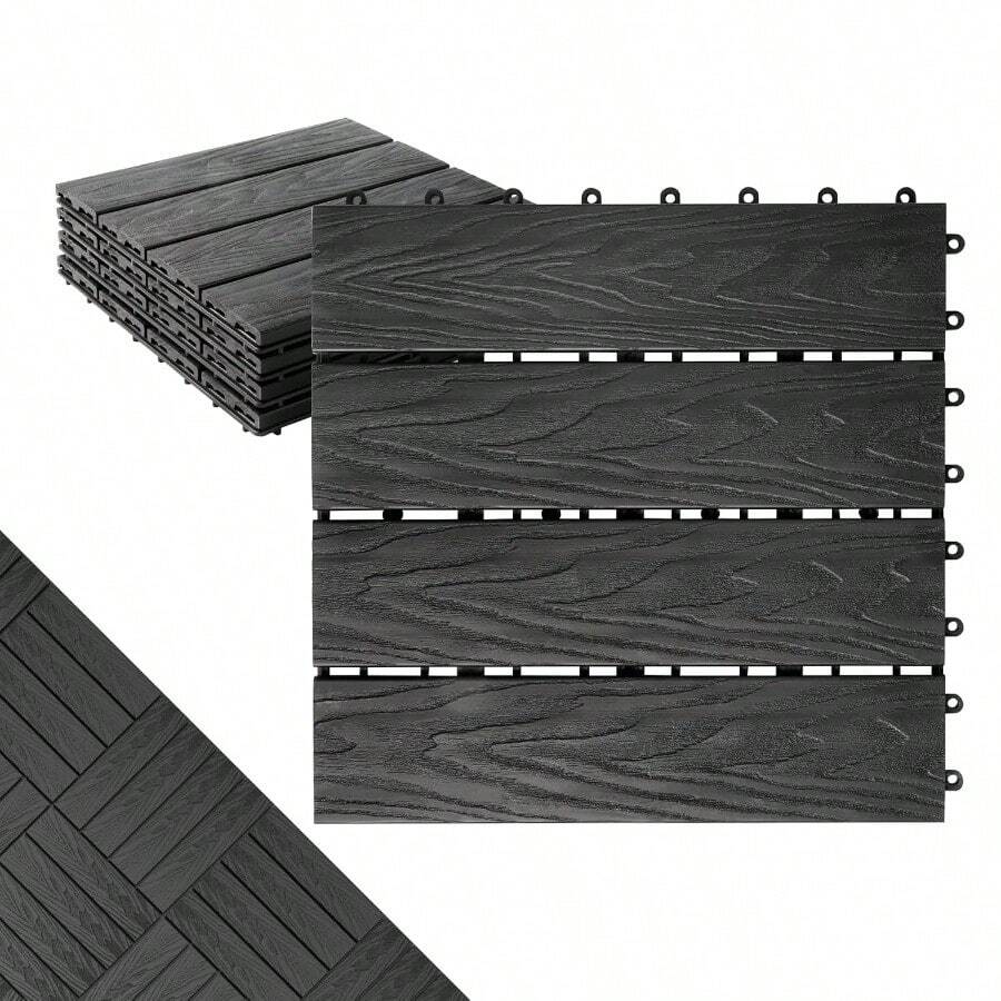XZGB Polymer Composite Interlocking Deck Tiles Outdoor12x12 Composite Decking Boards For All Weather Use Waterproof Poolside Balcony Patio 4Pcs Black 4 Sqft - 黑色 - 查看 1