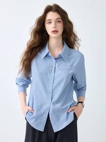 2025 Frühling/Herbst Neu Blaues Langarm Gestreiftes Hemd, Professionell für Vorstellungsgespräche & Pendeln, vielseitig & minimalistisch Bluse